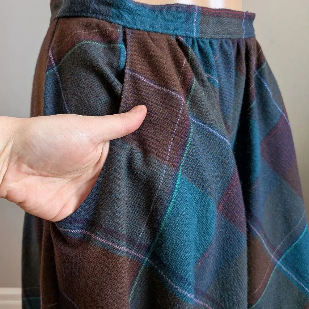 Vintage 90s Avon Fashions Plaid Wool Blend Midi Skirt Dark Academia Preppy 7/8